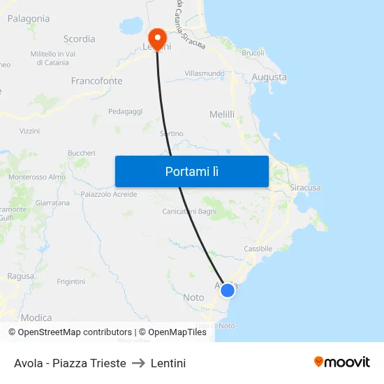 Avola - Piazza Trieste to Lentini map