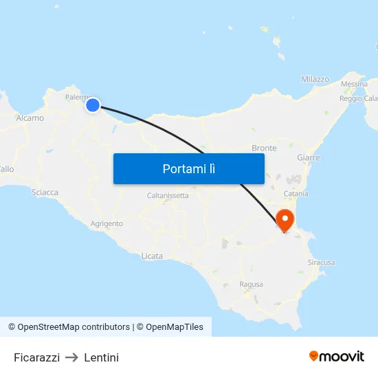 Ficarazzi to Lentini map