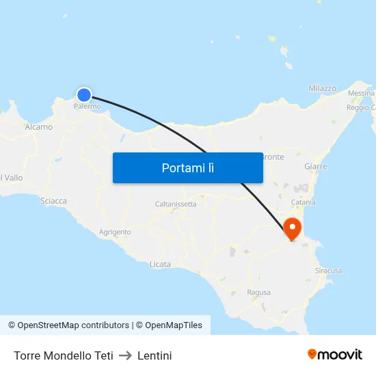 Torre Mondello Teti to Lentini map
