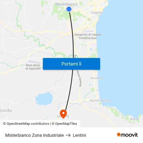 Misterbianco Zona Industriale to Lentini map