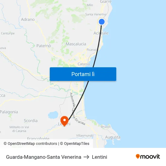 Guarda-Mangano-Santa Venerina to Lentini map
