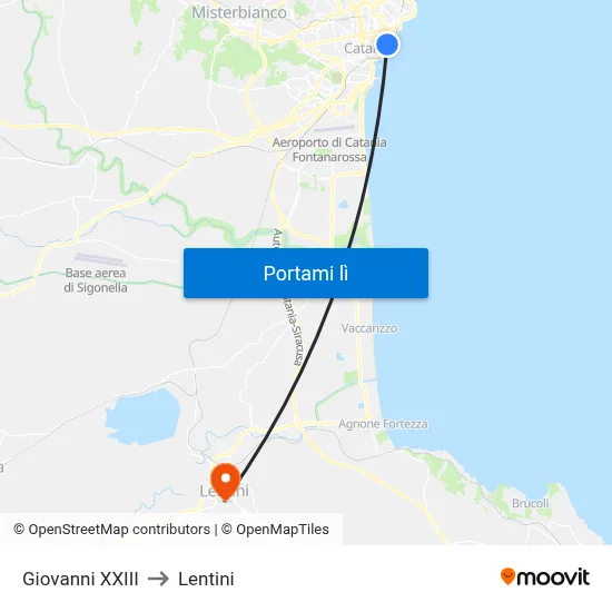 Giovanni XXIII to Lentini map