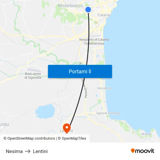 Nesima to Lentini map