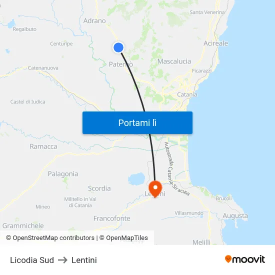 Licodia Sud to Lentini map