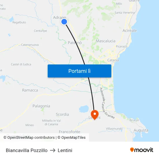 Biancavilla Pozzillo to Lentini map