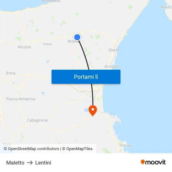 Maletto to Lentini map