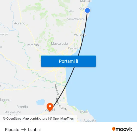 Riposto to Lentini map