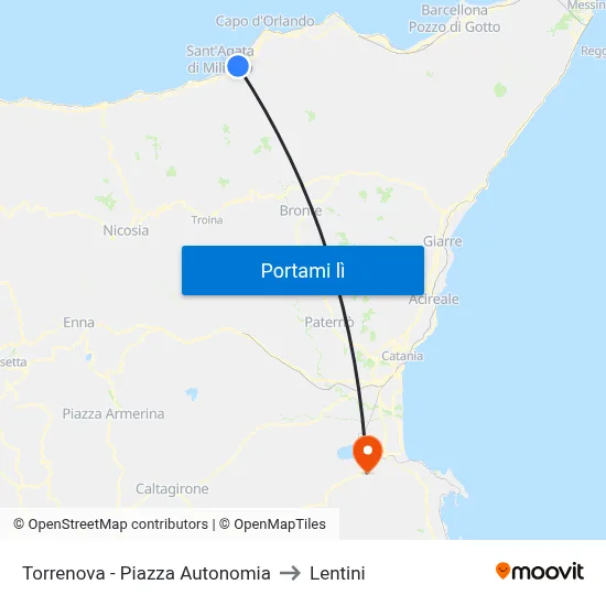 Torrenova - Piazza Autonomia to Lentini map