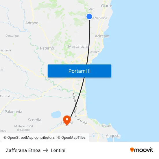 Zafferana Etnea to Lentini map