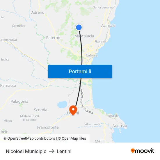 Nicolosi Municipio to Lentini map