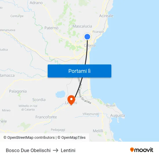 Bosco Due Obelischi to Lentini map