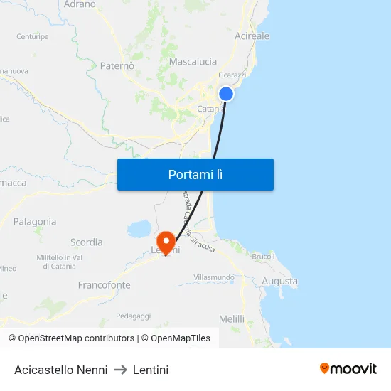 Acicastello Nenni to Lentini map