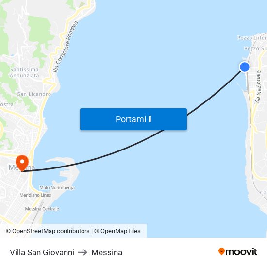 Villa San Giovanni to Messina map