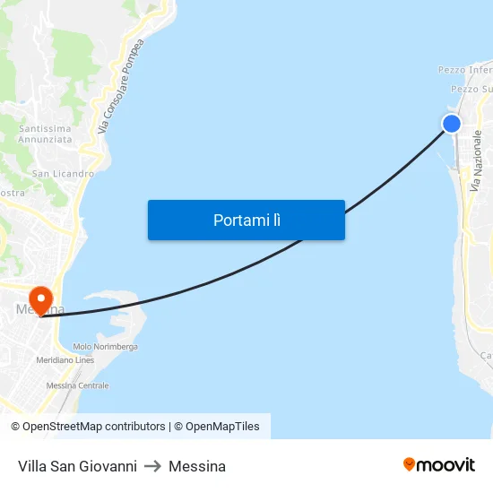 Villa San Giovanni to Messina map