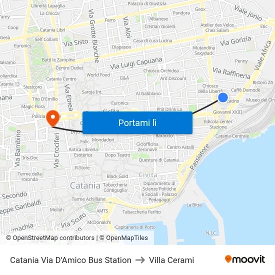 Catania Via D'Amico Bus Station to Villa Cerami map