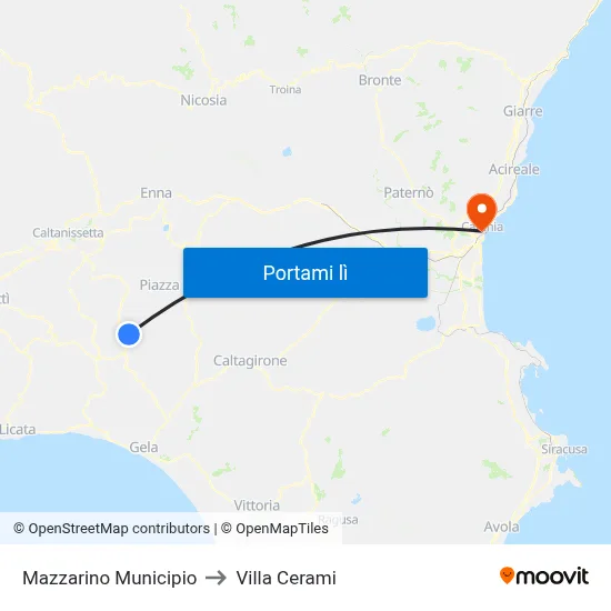 Mazzarino Municipio to Villa Cerami map