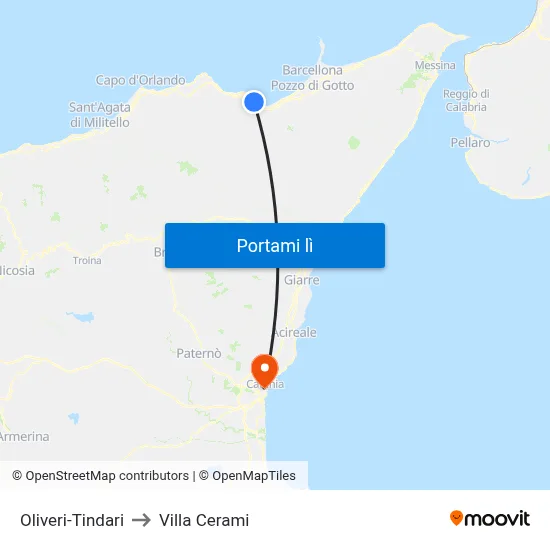 Oliveri-Tindari to Villa Cerami map