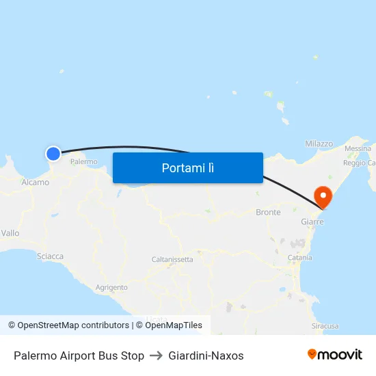 Palermo Airport Bus Stop to Giardini-Naxos map