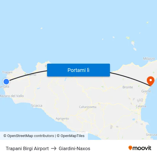 Trapani Birgi Airport to Giardini-Naxos map