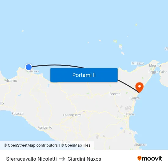 Sferracavallo Nicoletti to Giardini-Naxos map