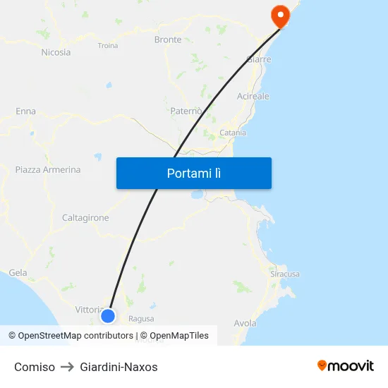 Comiso to Giardini-Naxos map