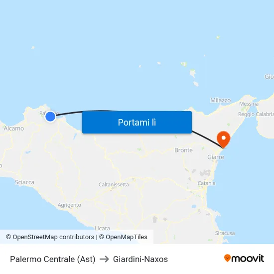 Palermo Centrale (Ast) to Giardini-Naxos map
