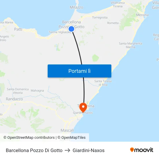 Barcellona Pozzo Di Gotto to Giardini-Naxos map