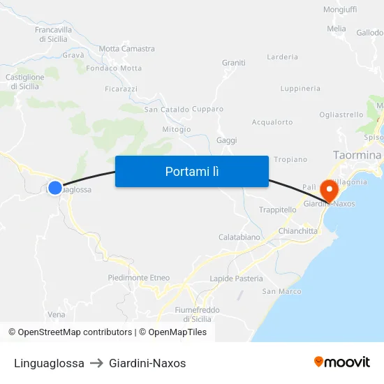 Linguaglossa to Giardini-Naxos map