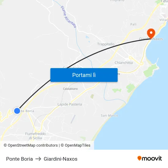 Ponte Boria to Giardini-Naxos map
