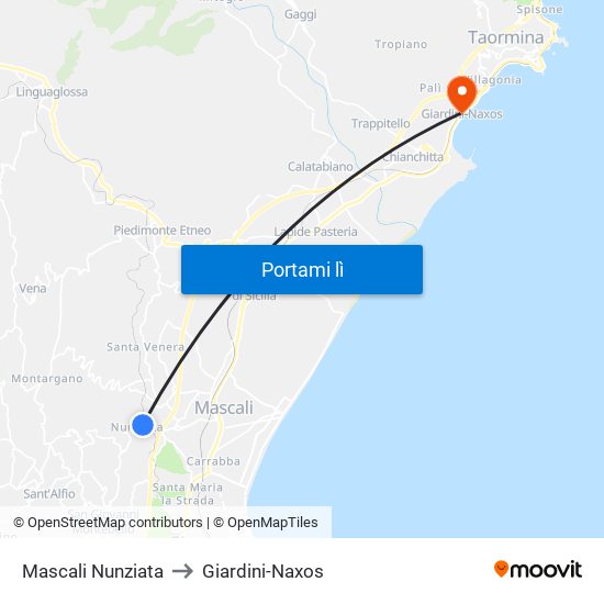 Mascali Nunziata to Giardini-Naxos map