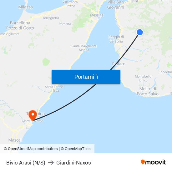 Bivio Arasi (N/S) to Giardini-Naxos map
