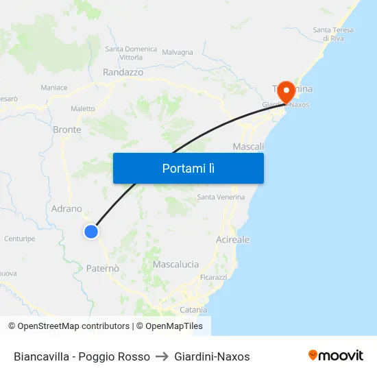 Biancavilla - Poggio Rosso to Giardini-Naxos map