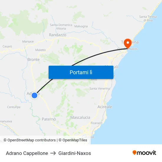 Adrano Cappellone to Giardini-Naxos map