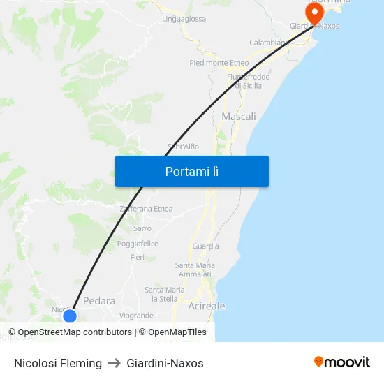 Nicolosi Fleming to Giardini-Naxos map