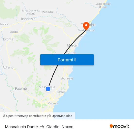 Mascalucia Dante to Giardini-Naxos map