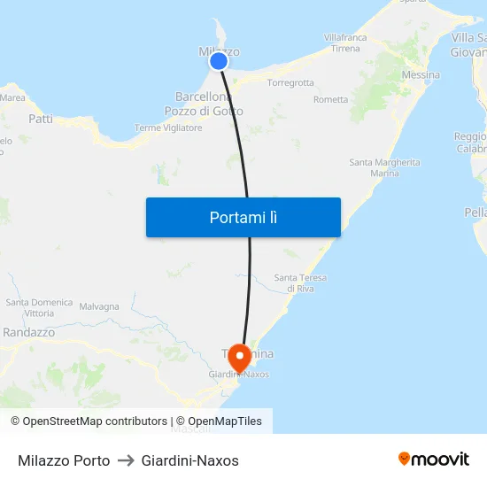Milazzo Porto to Giardini-Naxos map