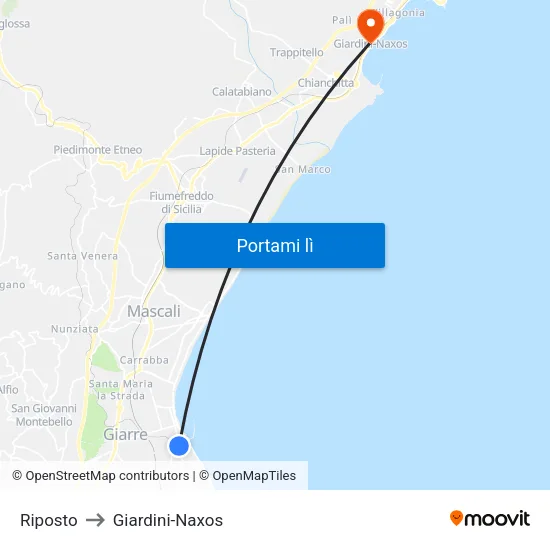 Riposto to Giardini-Naxos map