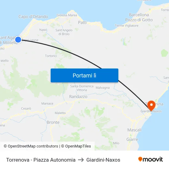 Torrenova - Piazza Autonomia to Giardini-Naxos map