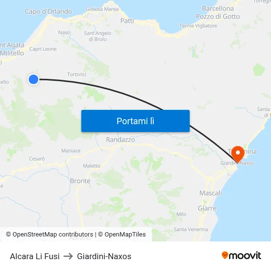 Alcara Li Fusi to Giardini-Naxos map