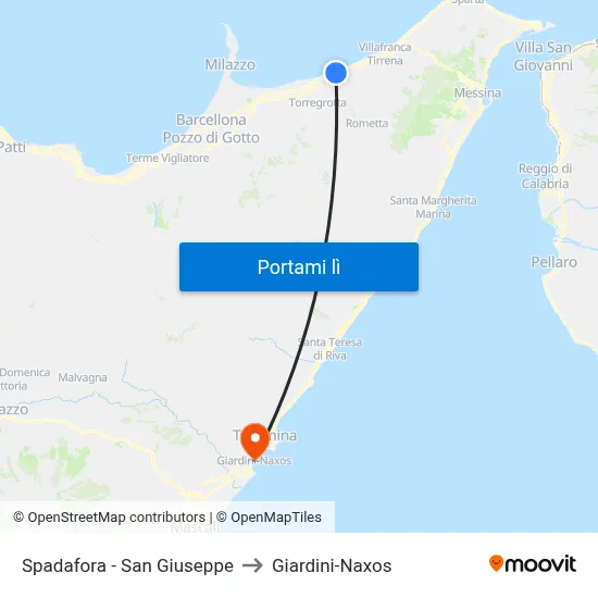 Spadafora - San Giuseppe to Giardini-Naxos map