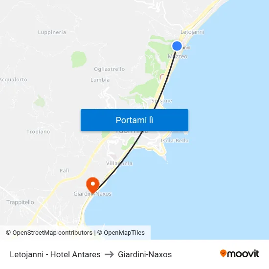 Letojanni - Hotel Antares to Giardini-Naxos map