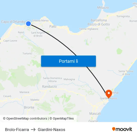 Brolo-Ficarra to Giardini-Naxos map