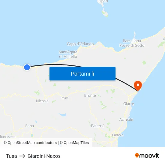 Tusa to Giardini-Naxos map