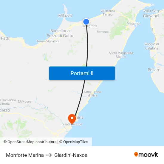 Monforte Marina to Giardini-Naxos map