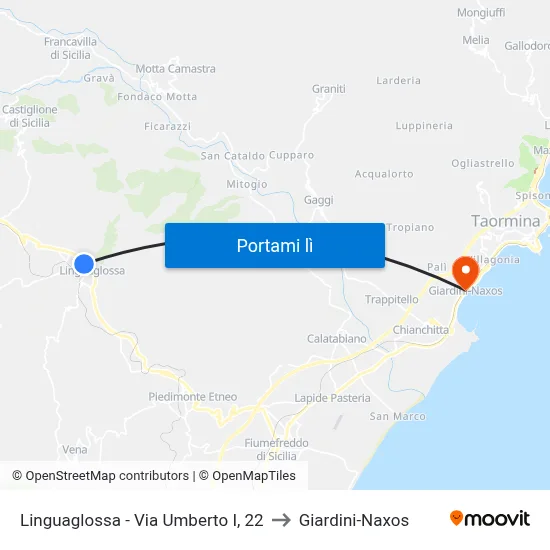 Linguaglossa - Via Umberto I, 22 to Giardini-Naxos map