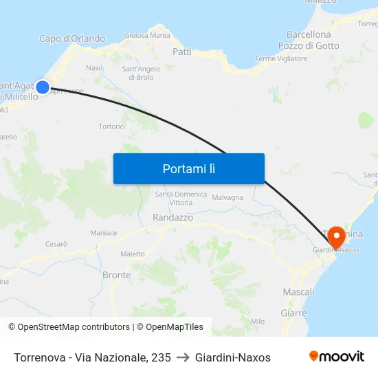 Torrenova - Via Nazionale, 235 to Giardini-Naxos map