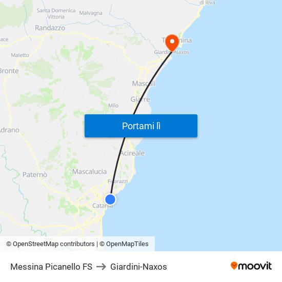 Messina Picanello FS to Giardini-Naxos map