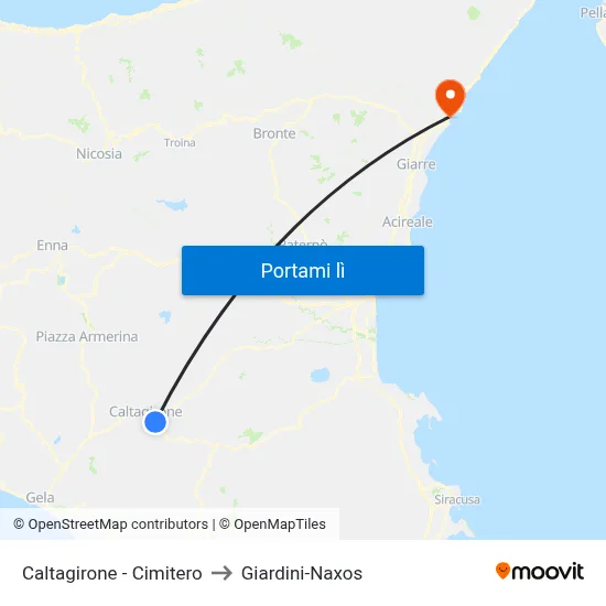 Caltagirone - Cimitero to Giardini-Naxos map