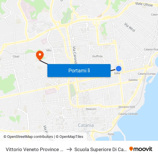 Vittorio Veneto Province Ovest to Scuola Superiore Di Catania map