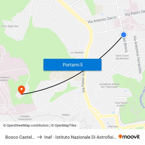 Bosco Castello to Inaf - Istituto Nazionale Di Astrofisica map